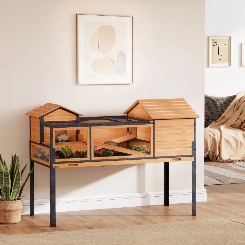 Casa per tartarughe, recinto per piccoli animali, 2 stanze, 2 piani, finestre, rampe, accessori, legno, acciaio, giallo