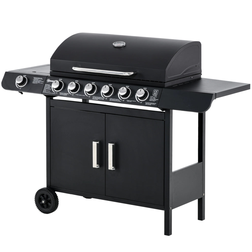 Barbecue a Gas con Coperchio, 7 Bruciatori da 20kW, Fornello Laterale e 2 Ruote, 135x50x100cm Nero