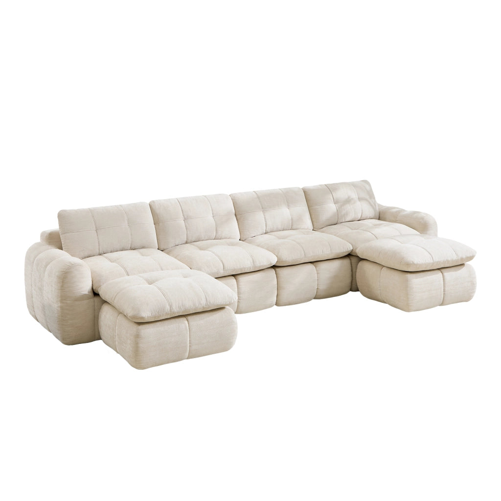 Divano panoramico a U 4 posti modulare con 2 pouf, sedute profonde in chenille beige, 334 × 160 × 68 cm