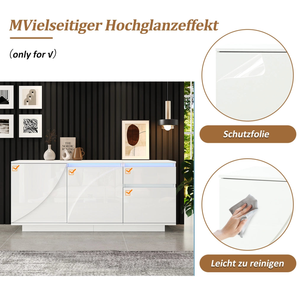 Credenza e madia LED con 3 ante, cassetto e ripiani regolabili, lucida, per soggiorno, in MDF bianco, 140 × 40 × 60 cm