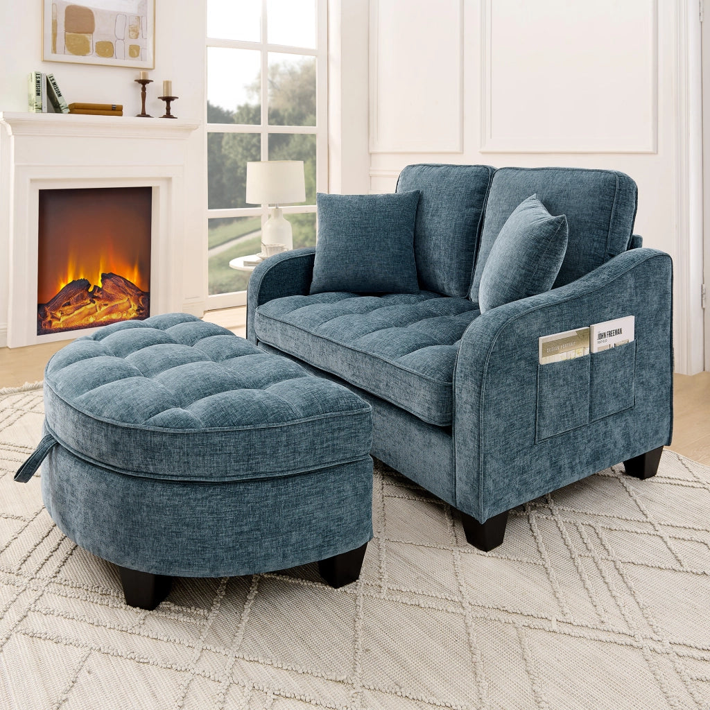 Divano letto trasformabile con pouf contenitore, funzione chaise longue e letto, struttura in eucalipto, tessuto blu