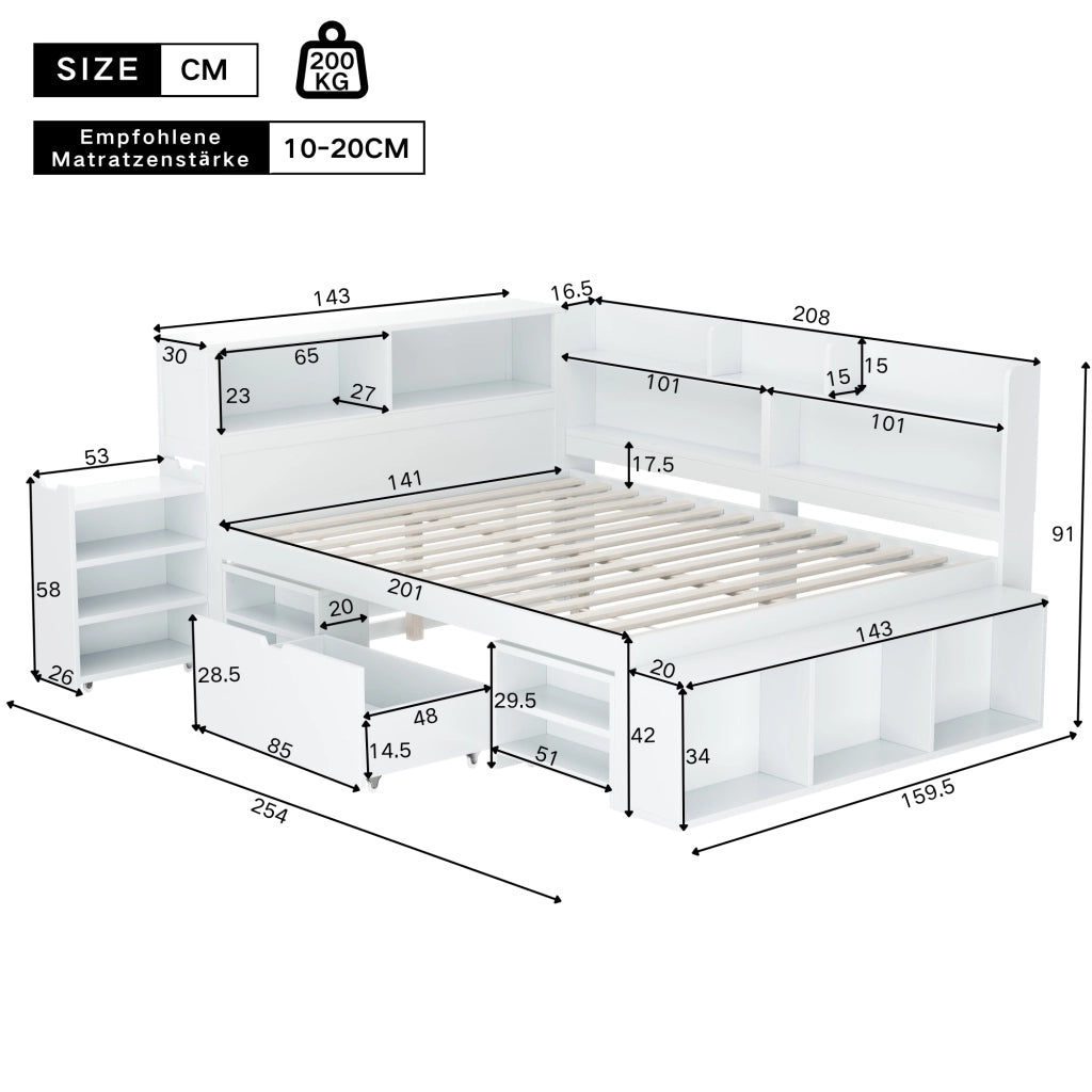 LETTO multifunzionale 140x200 cm bianco con cassetti e vani contenitore