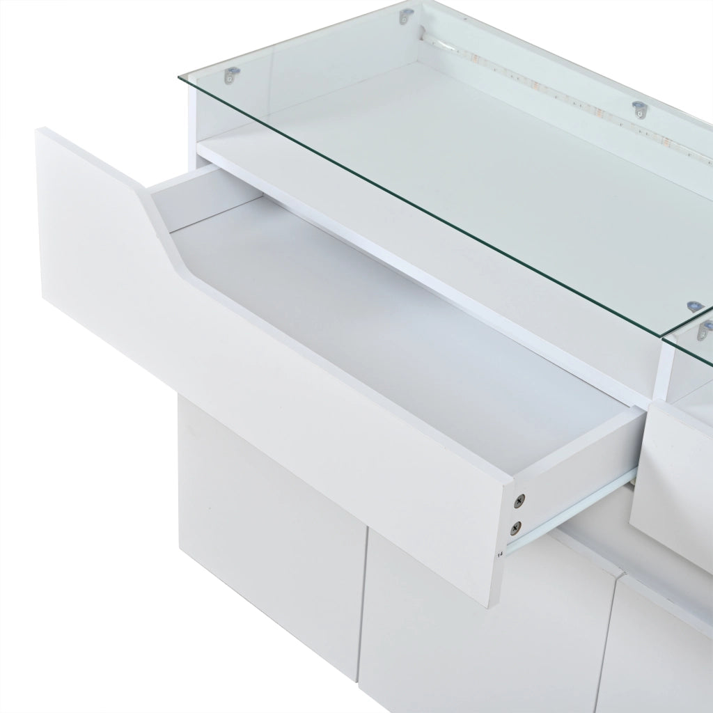 Madia con 2 cassetti e piano in vetro temperato con LED per soggiorno e ingresso; in MDF; bianco; 140×40×70 cm