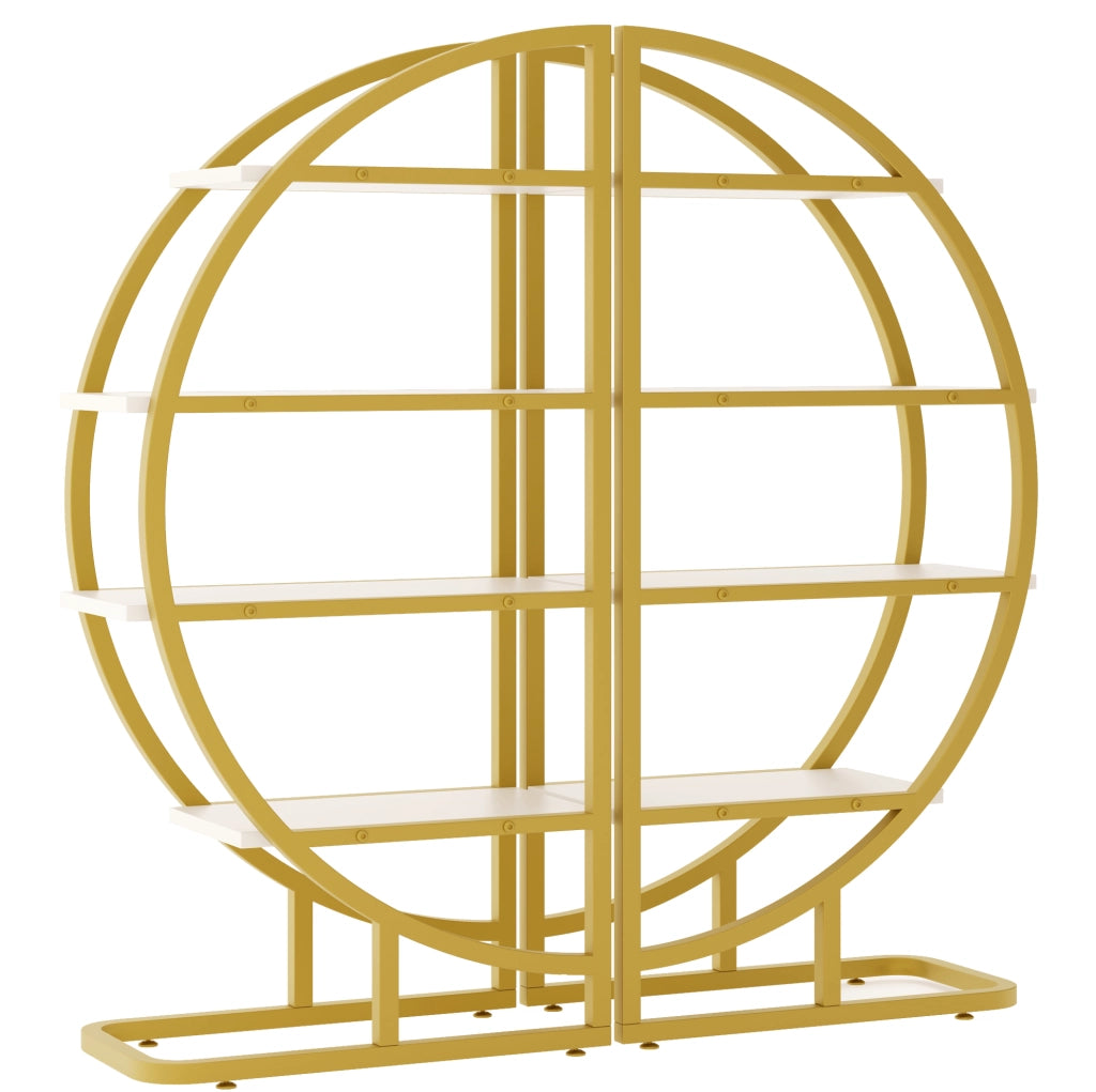 Libreria 120x30x130 cm modulare ad arco; 2 pezzi in MDF e acciaio oro e bianco