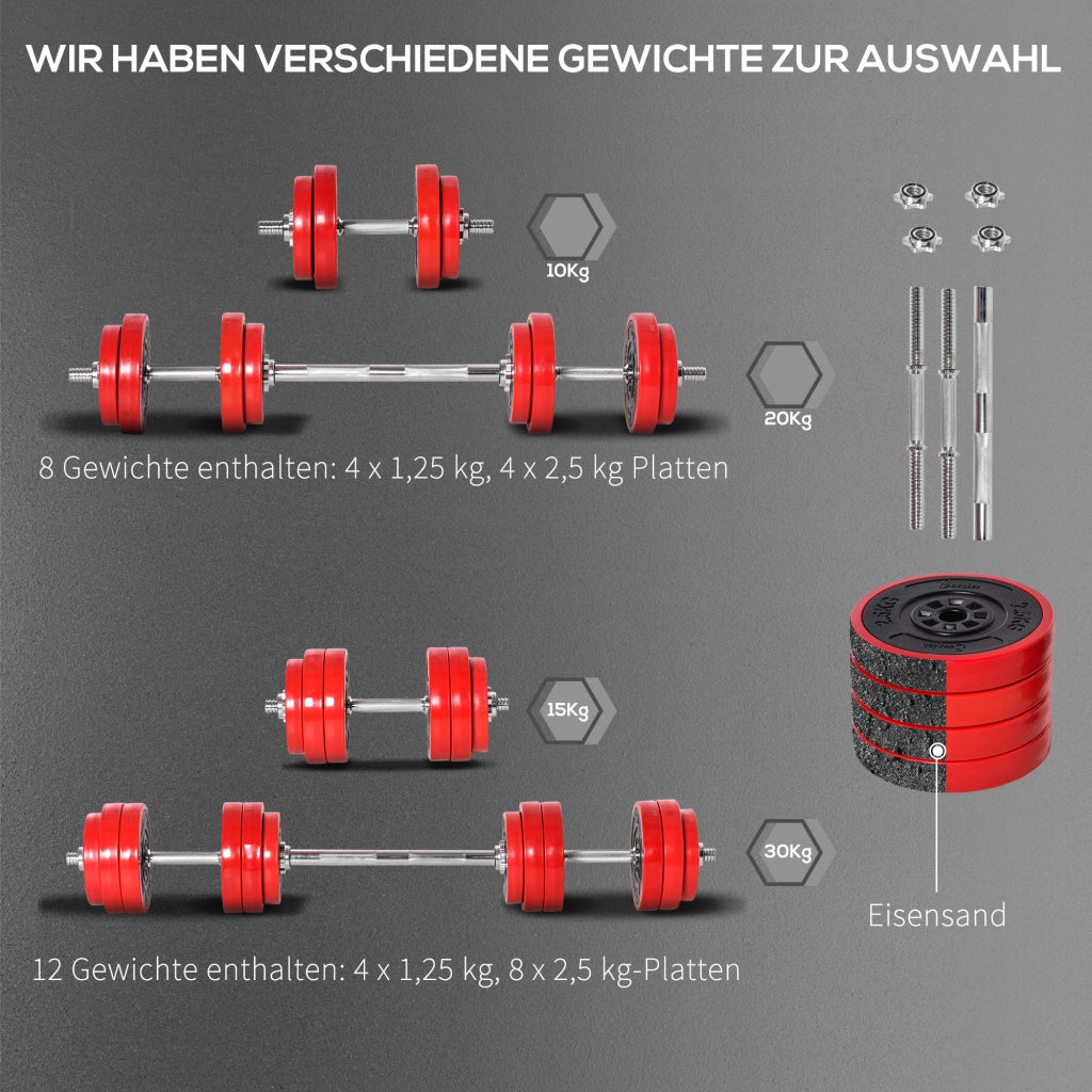 Set di manubri da 20 kg, 2 in 1, regolabili, con bilanciere e manubri, colore rosso e nero, per allenamento muscolare e fitness a casa. Dimensioni: