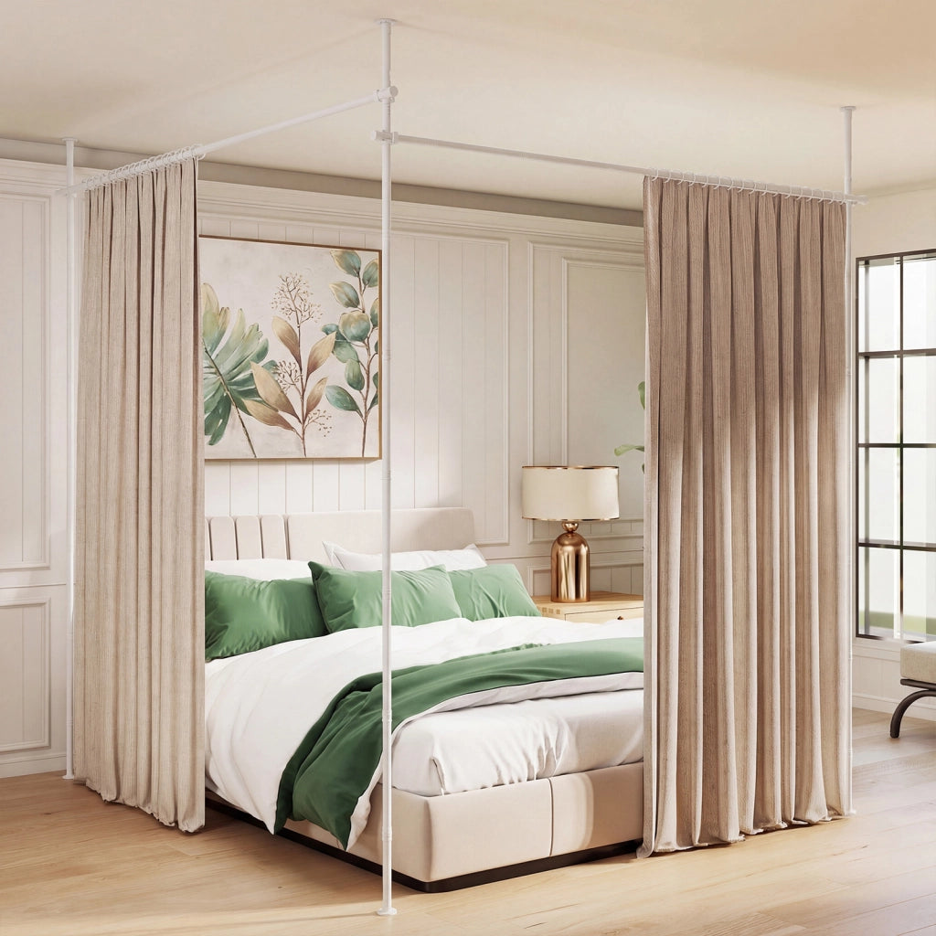 Asta tenda a pressione in metallo divisorio interno senza fori, Bastone per privacy altezza 120-314 cm e larghezza 73-360 cm regolabili Bianco