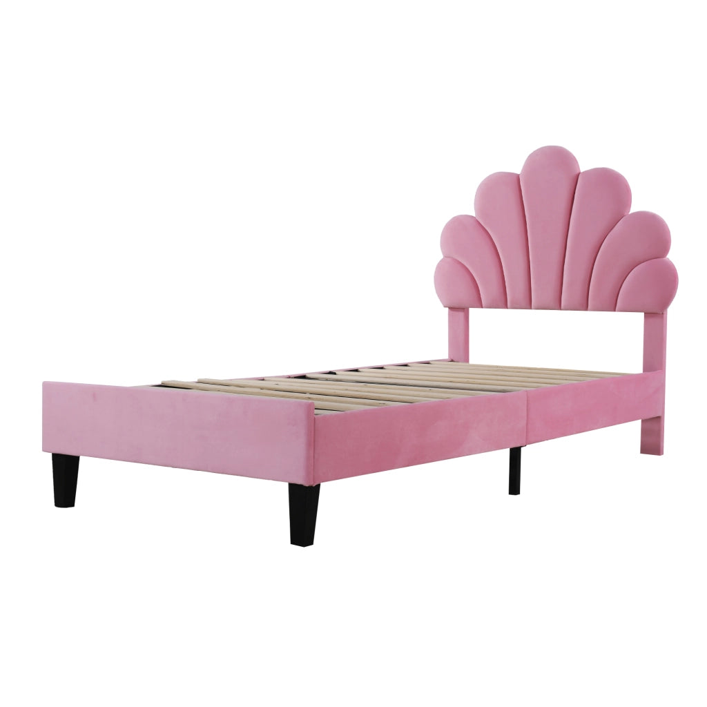 Upholstered Kids Bed;90x200 cm;flower-shaped headboard;velvet;pink
