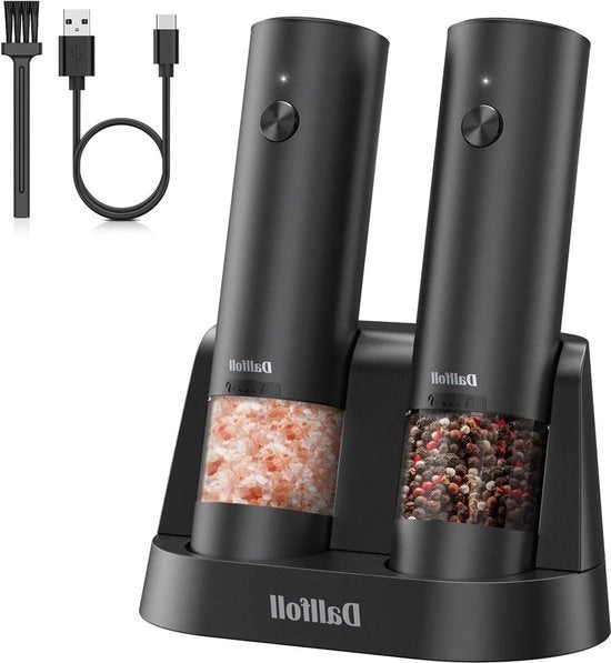 Set di Molini da Pepe e Sale USB Ricaricabile - Molino da Pepe elettrico regolabile con variante di grana - Funzione di un solo pulsante Nero