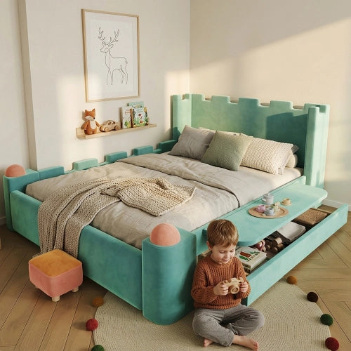 Letto imbottito 140x200 cm LEMONMAX per bambini, design castello, cassetto contenitore, ripiano laterale pieghevole, velluto francese blu-verde