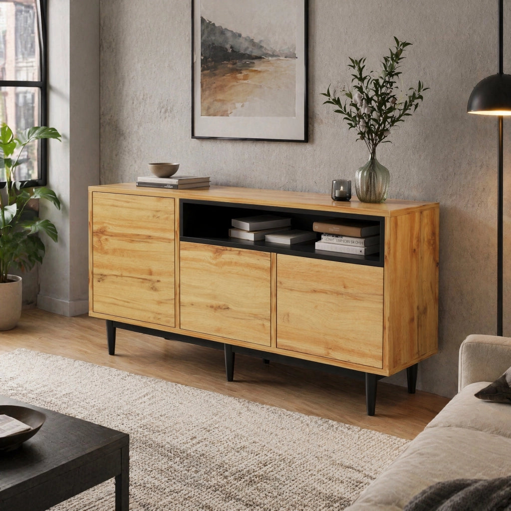 SIDEBOARD 160 x 35 x 76 cm in MDF effetto legno naturale, 3 ante