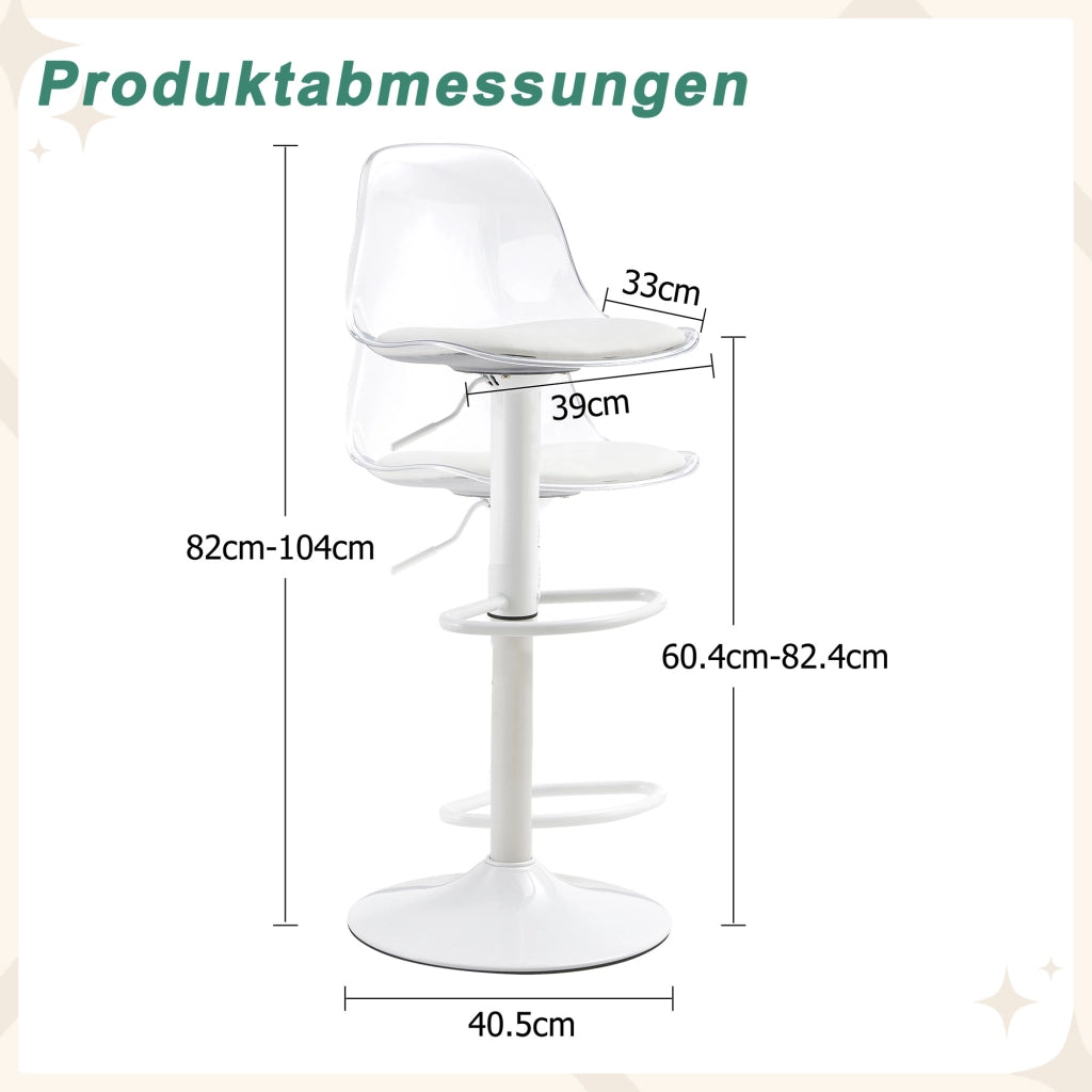 Set da 2 sedie a trave regolabili: schienale trasparente + gambe in metallo bianco, altezza regolabile da 82 a 104 cm, rotazione a 360¡ã.