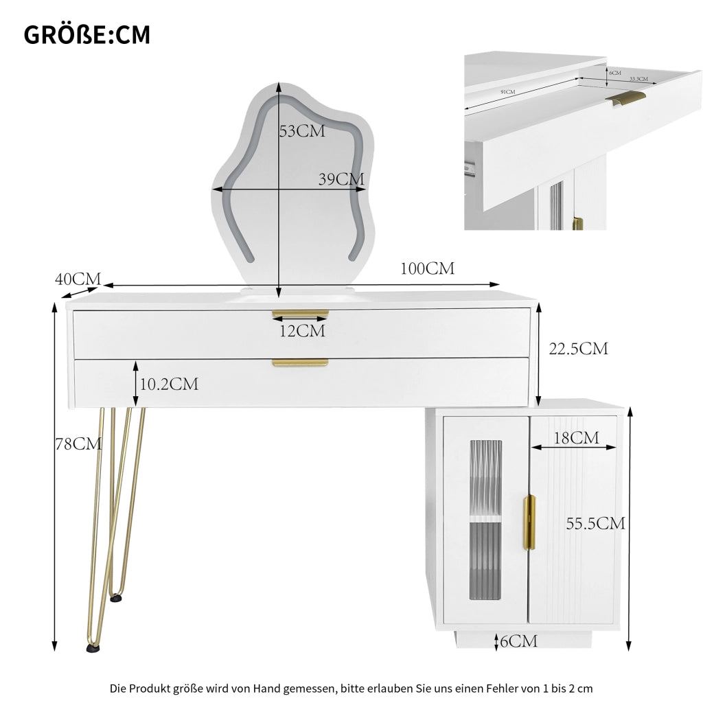 OKWISH Toeletta con 2 Cassetti, Specchio LED 3 Modalità e Mobile Laterale Scorrevole, per Camera, Pannelli, Bianco, 100×40×78 cm