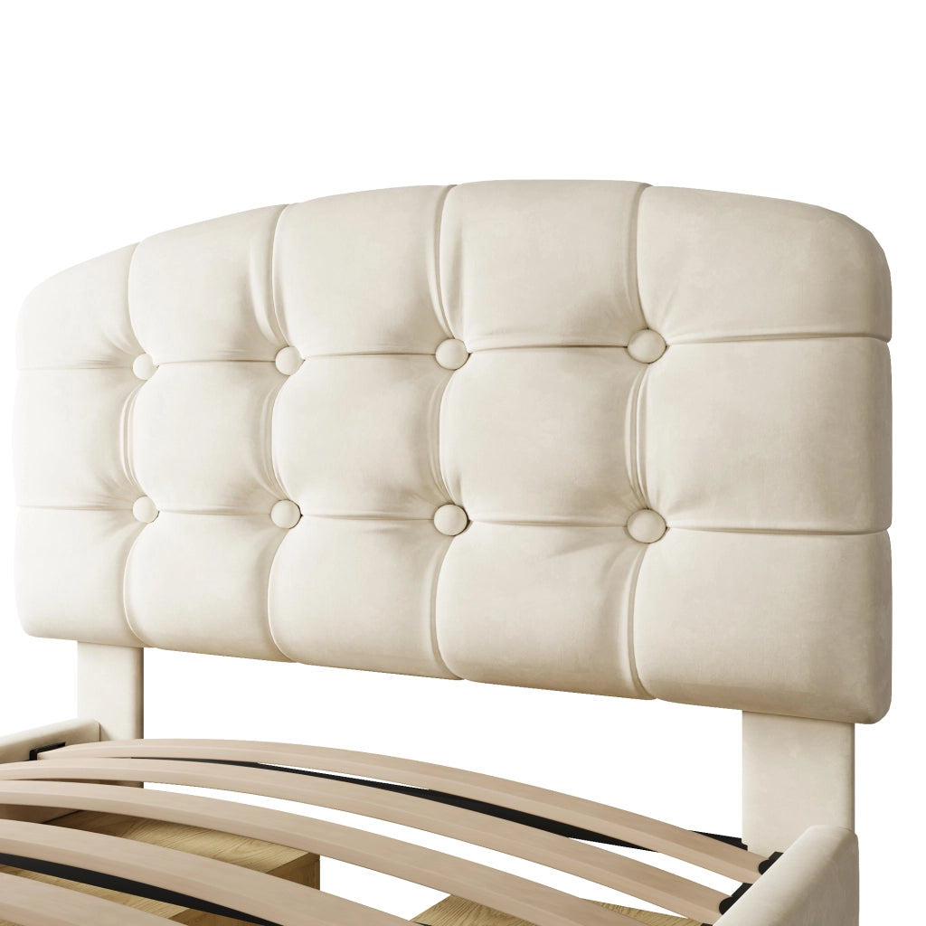 Letto Singolo Imbottito con Cassetti ¨C MINIMAL ¨C Velluto Beige, Testiera Regolabile, 90x200