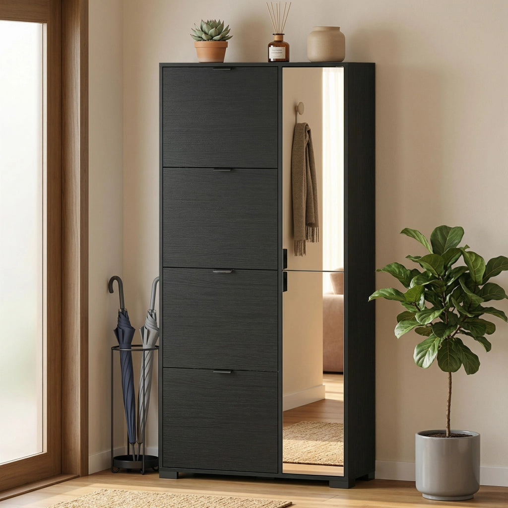 Scarpiera con Specchio e Cassetti ¨C Minimal ¨C Nero 16 Paia