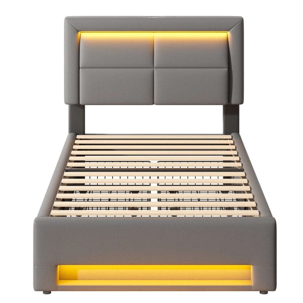 Letto Imbottito con LED e Cassetti ¨C MINIMAL ¨C Grigio, 90x200 cm