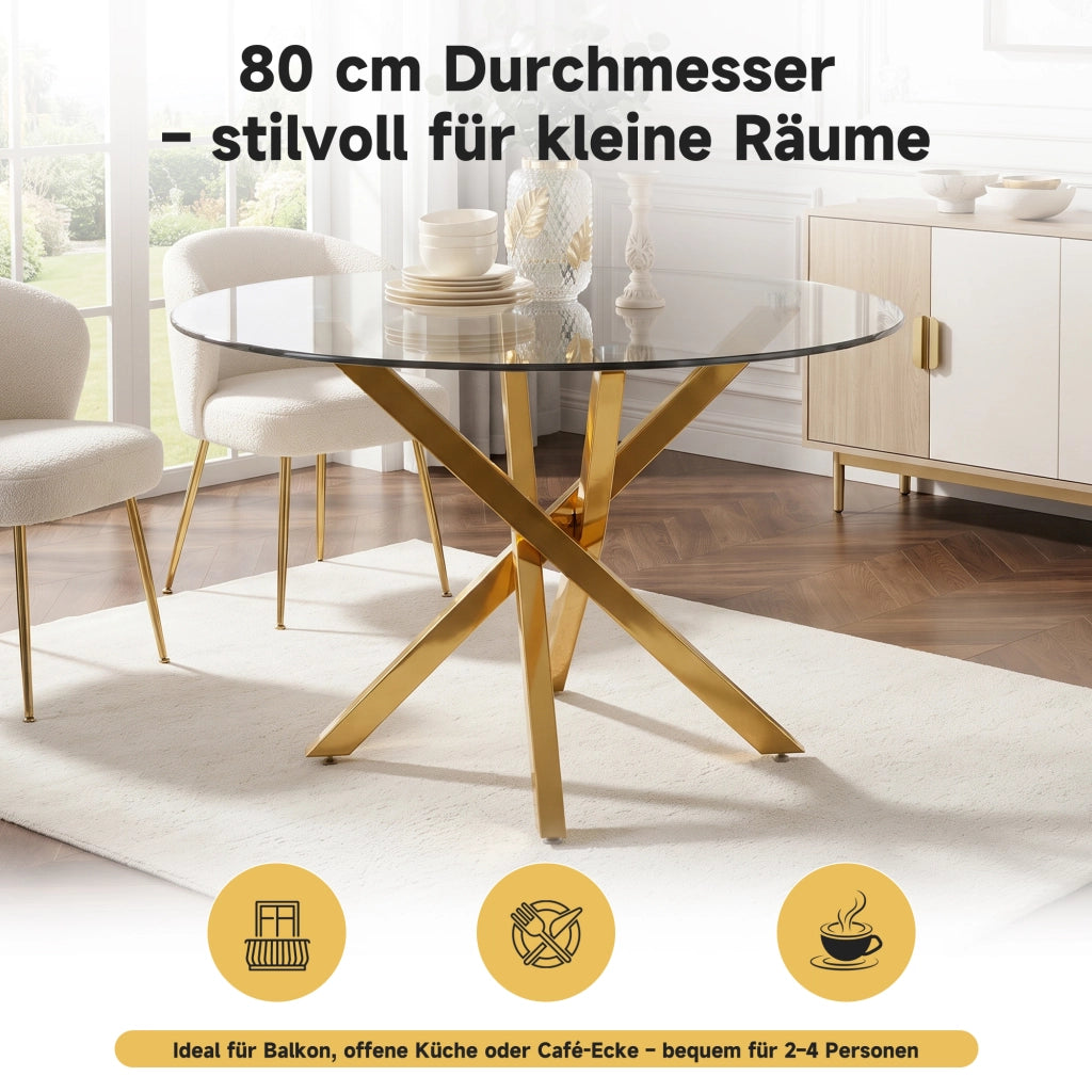 TAVOLO rotondo 80 cm in vetro temperato e gambe dorate