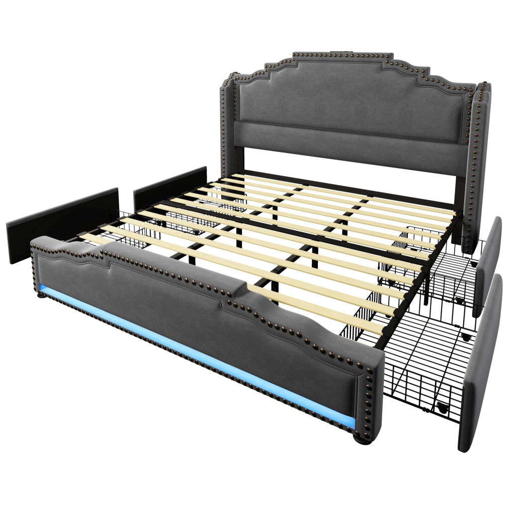 Letto matrimoniale 180x200 con 4 cassetti, LED e porte USB-C