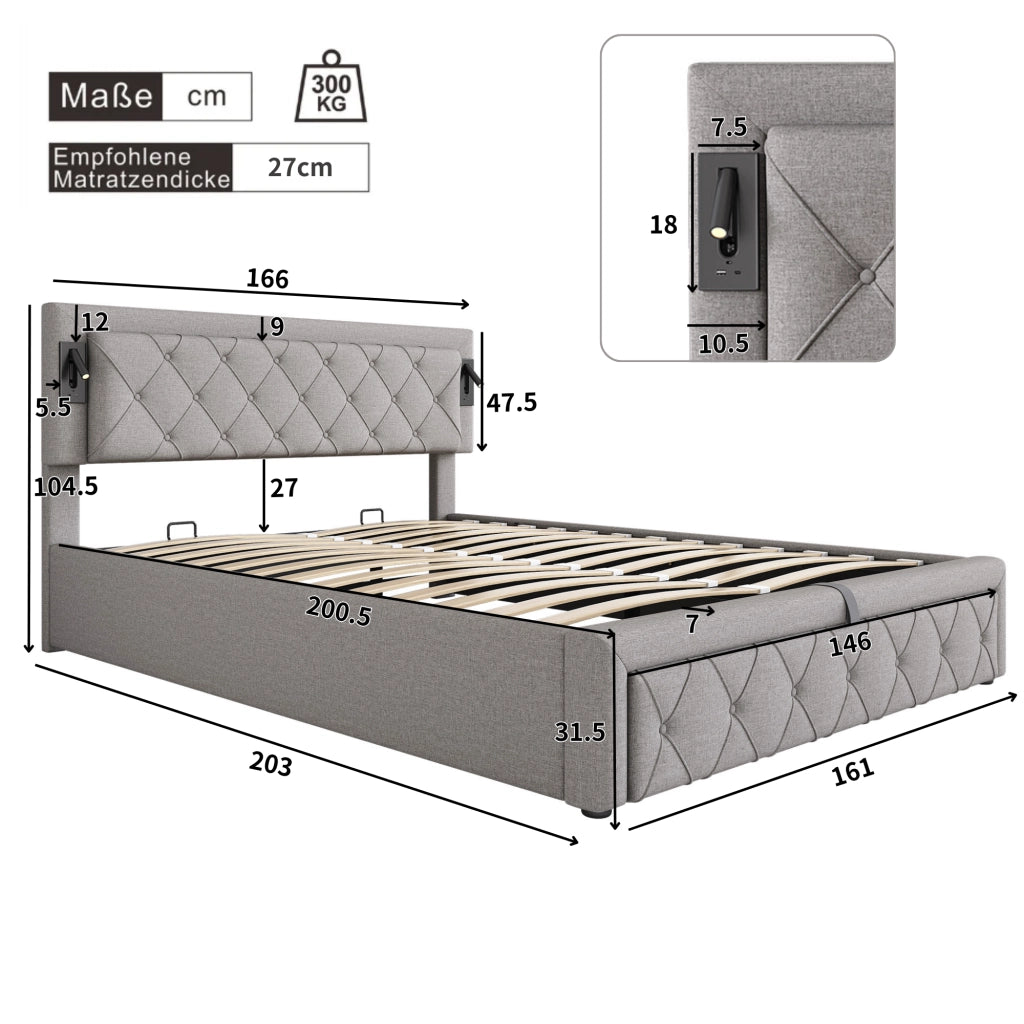 LETTO imbottito 160x200 cm in lino grigio con downlight e porte USB