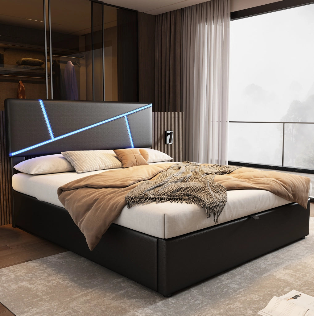 Letto imbottito con LED e contenitore in PU nero