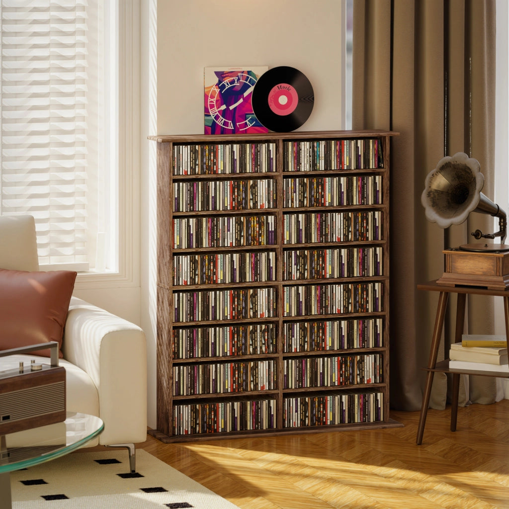 Cassettiera per CD e DVD con 16 scomparti e 12 ripiani regolabili ¨C Minimal ¨C marrone