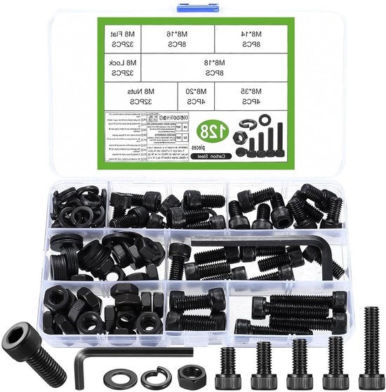 Set di viti M8 premium, 128 pezzi, con viti a 6 guglie, rondini, viti a 6 guglie interne, accessori di fissaggio, inclusi mozzetti, per uso su macchine.