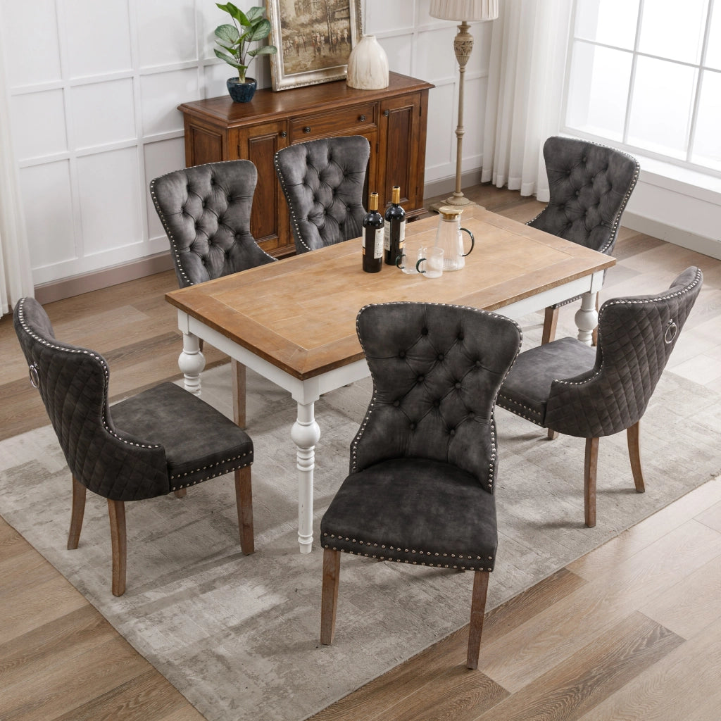 Sedia da pranzo 6 pezzi con borchie decorative e gambe regolabili in velluto grigio