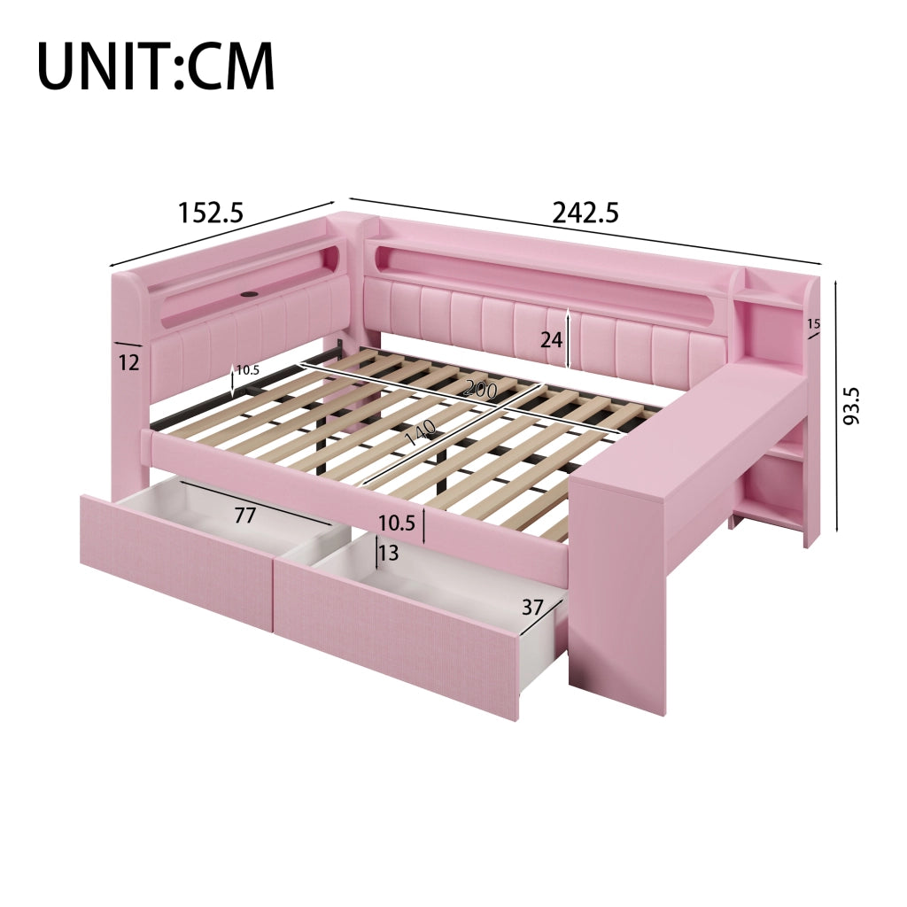 Daybed imbottito 140x200 cm rosa con USB, LED, scrivania e 2 cassetti