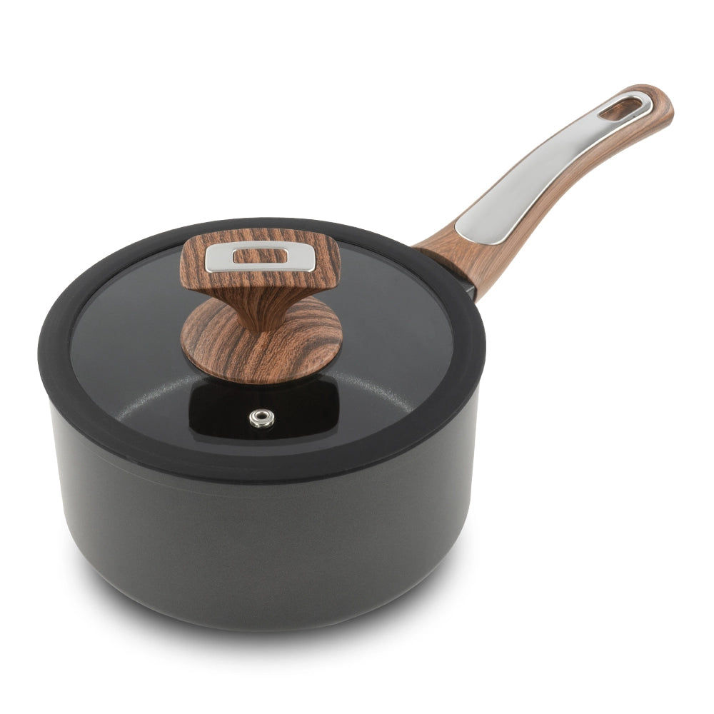 Casseruola 1 manico con coperchio Elegance Wood 18 cm doppio fondo acciaio inox, manico Soft touch