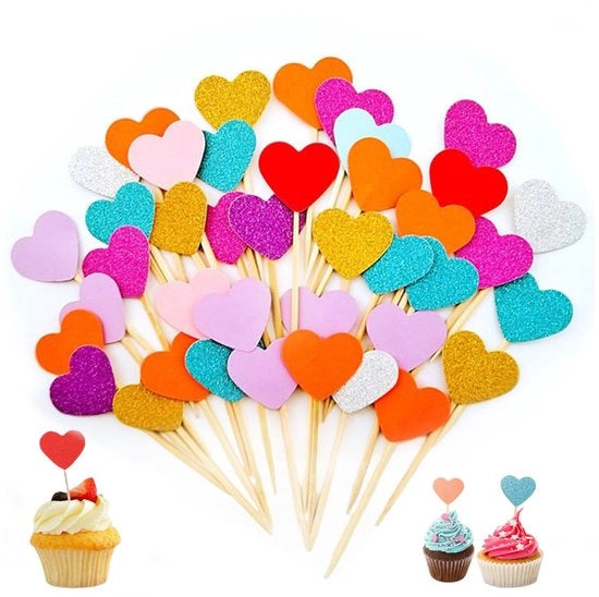 Decorazioni per Cupcake 100 pezzi - Decorazioni per Torte a Cuore - Decorazioni per Muffin - Multicolore - Decorazioni con Glitter in Cartone Leggero