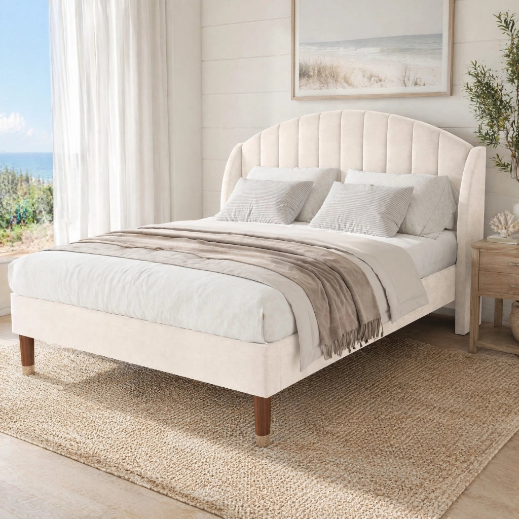 DESMIU Letto Matrimoniale Imbottito 2 Posti con Testiera Imbottita, Struttura Stabile, 140 × 190 cm, Senza Materasso, Beige