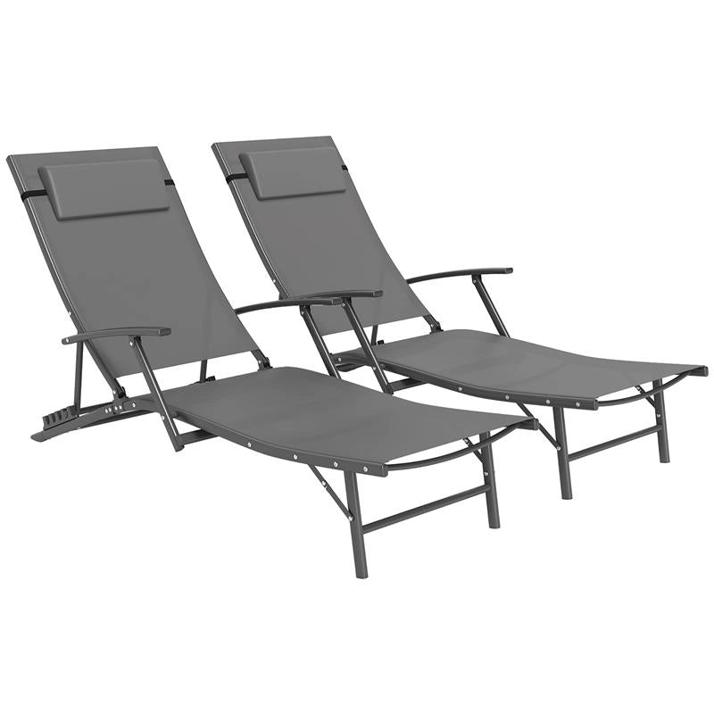 SET 2 SDRAIO DA GIARDINO PIEGHEVOLI CON SCHIENALE REGOLABILE SU 4 LIVELLI E CUSCINO GRIGIO