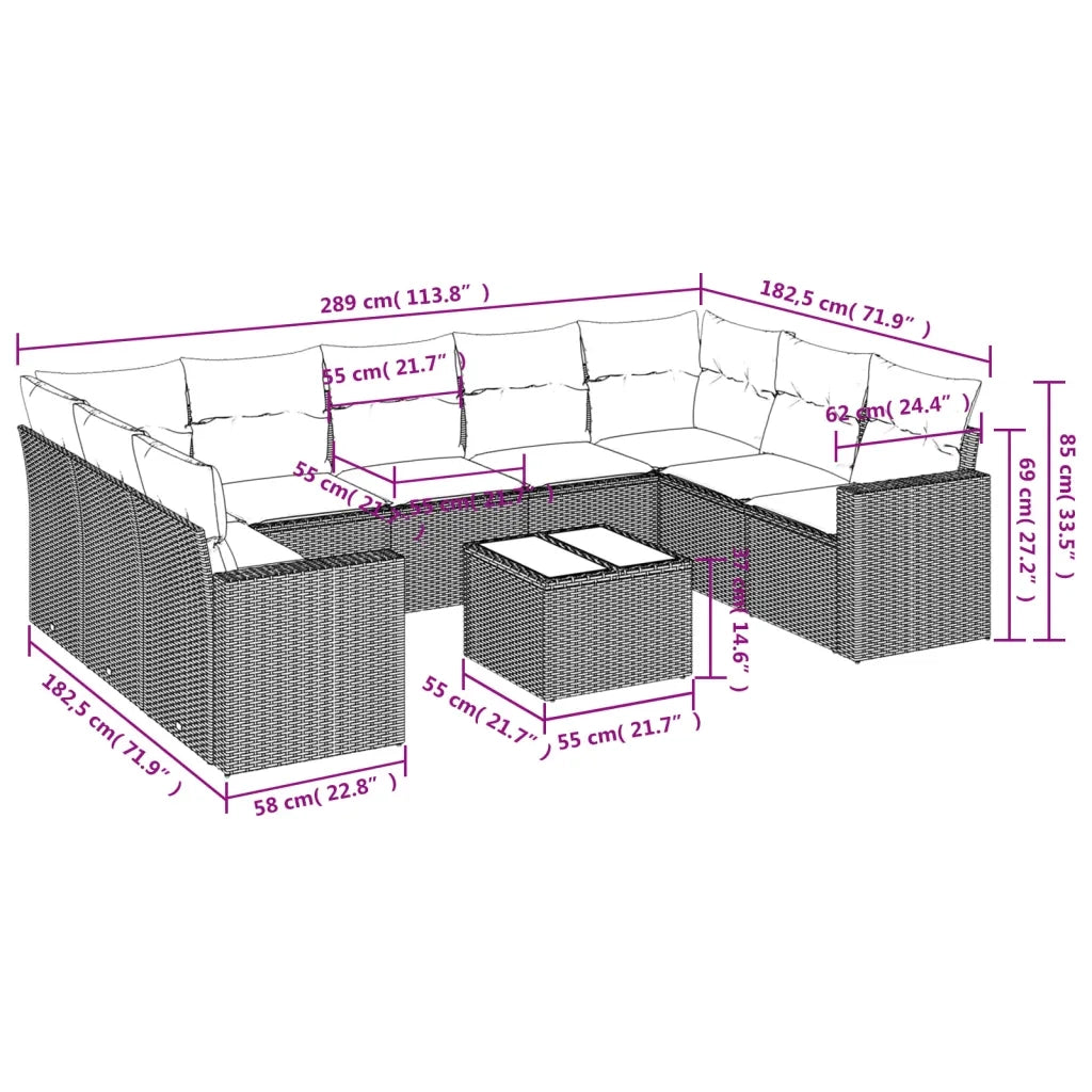 Set Divano Giardino 10 pz con Cuscini Grigio Chiaro Polyrattan