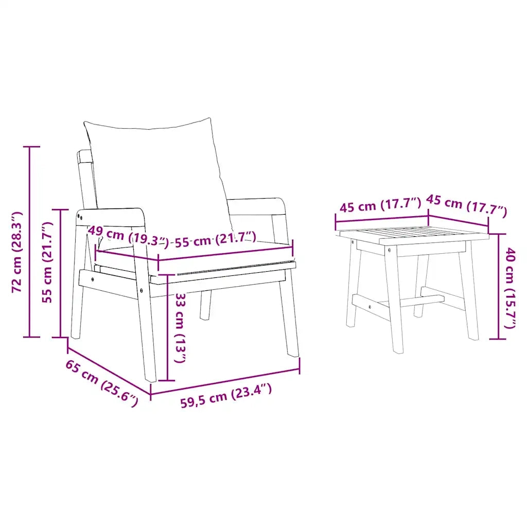 Set bistrot con cuscino 3 pz | Set Salotto da Giardino Marrone Legno di Acacia Massello