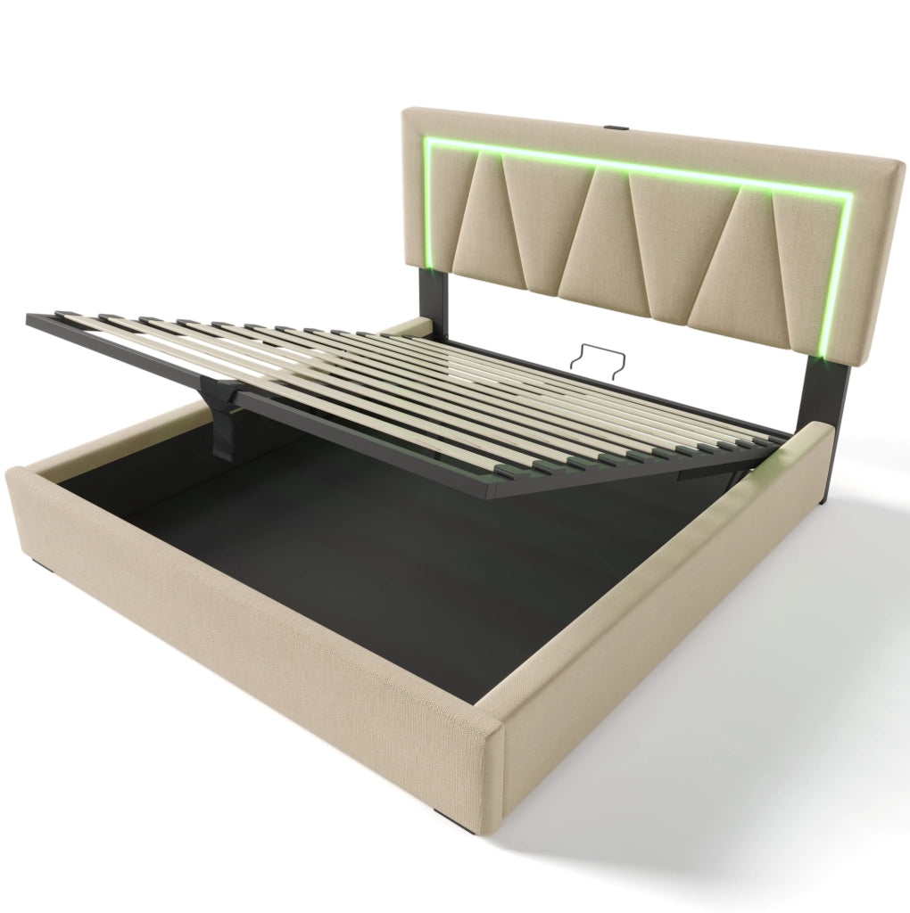 Letto matrimoniale imbottito con LED, USB e porta Type-C, con contenitore e rete a doghe