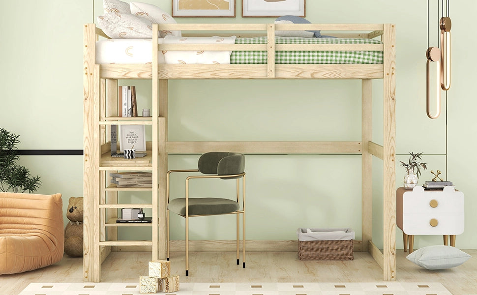 DESMIU Letto a soppalco matrimoniale con scrivania e 4 ripiani, 140 × 200 cm, senza materasso, pino naturale