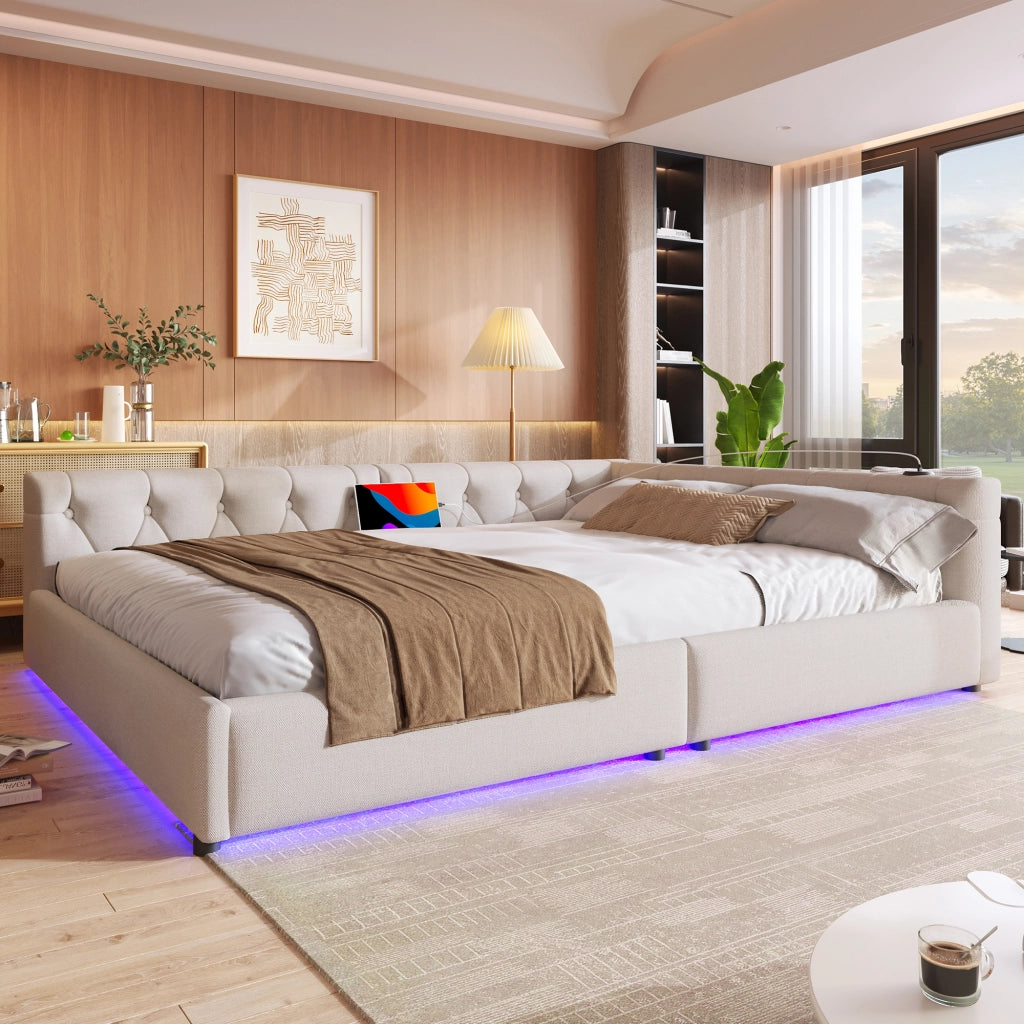 LETTO Daybed 140x200 cm in lino beige con USB Type-C e LED