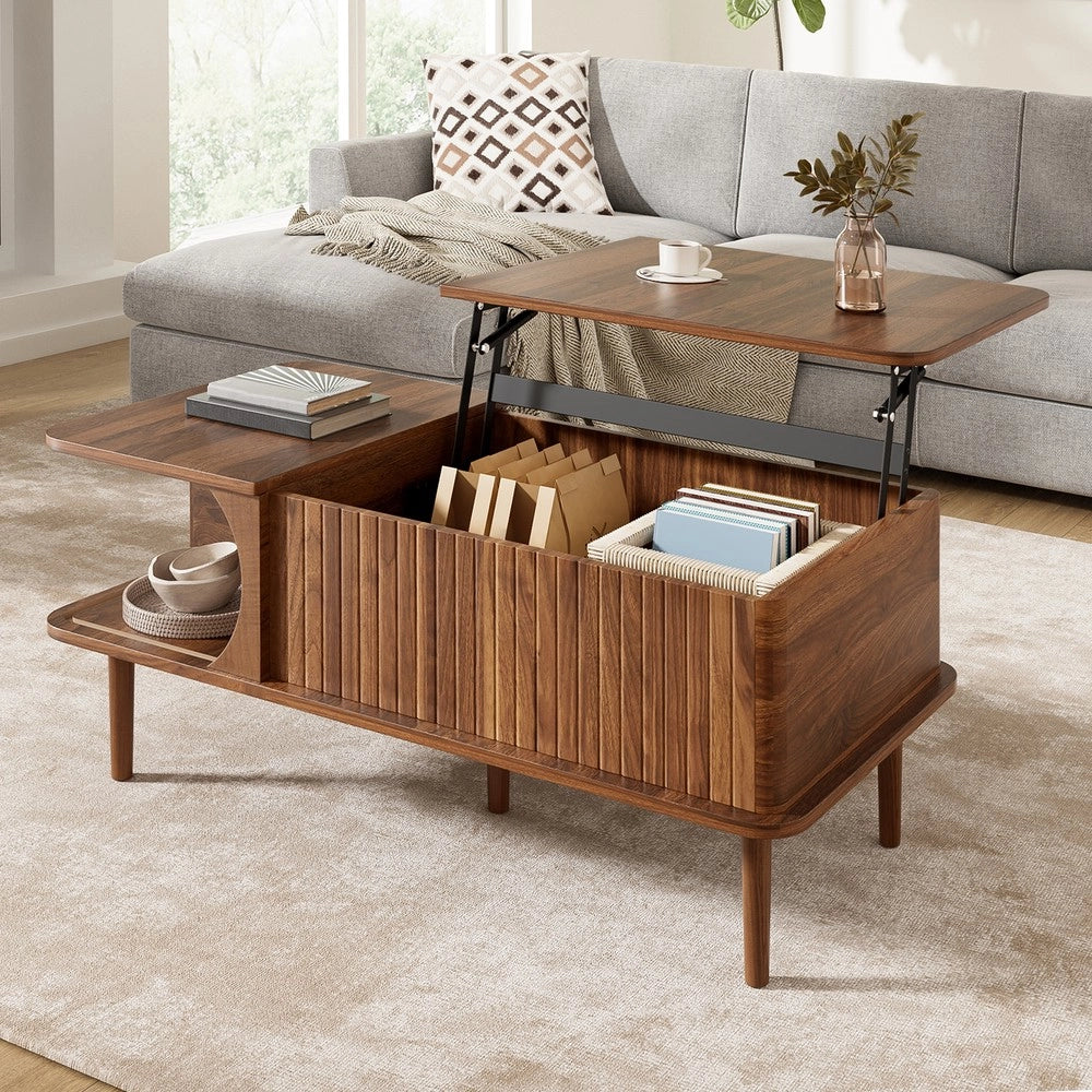 Tavolino da Salotto Moderno ¨C Xylo ¨C Effetto Noce, Piano Regolabile, Legno, Ante Scorrevoli