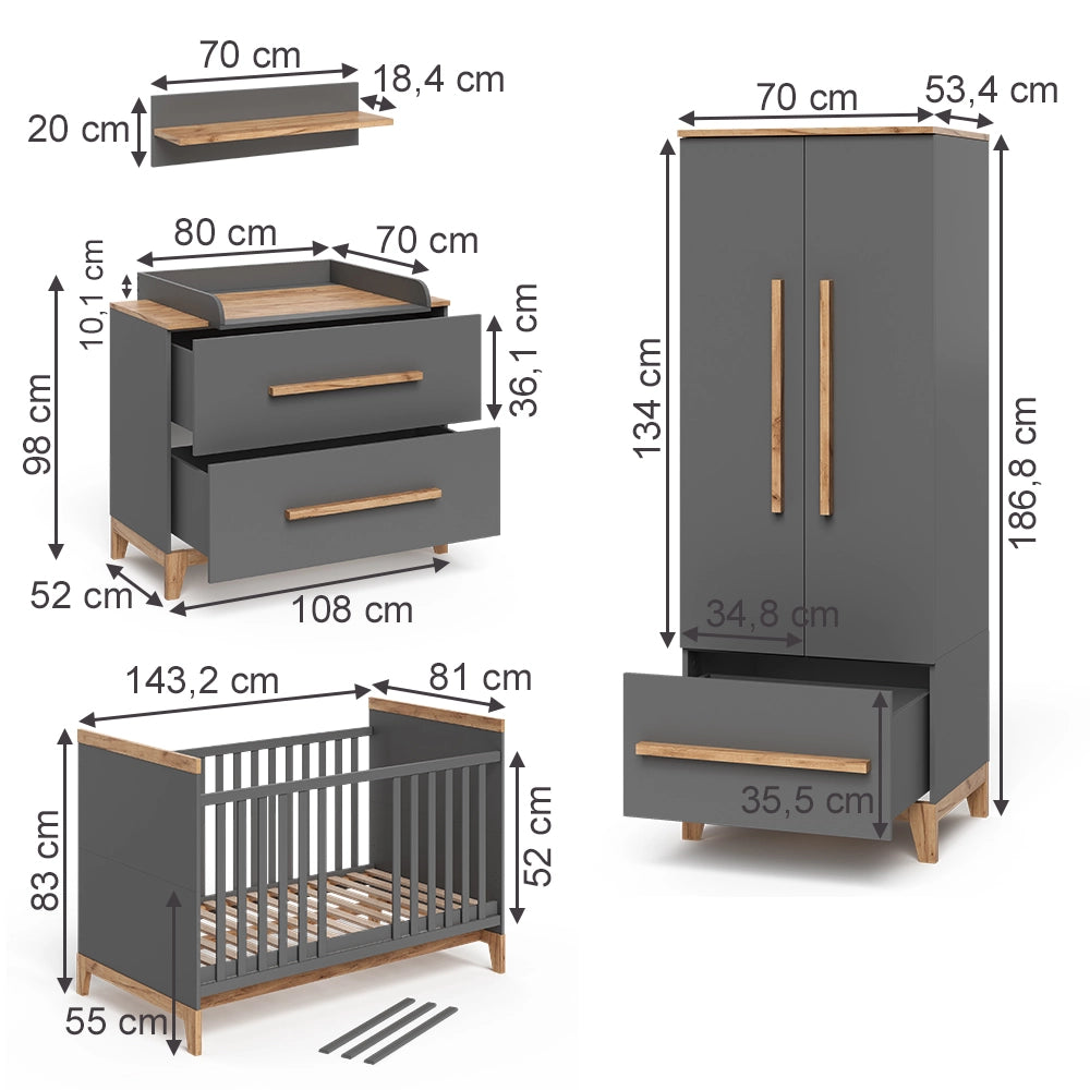 Vitalispa Set per cameretta Grigio/quercia Set di 4