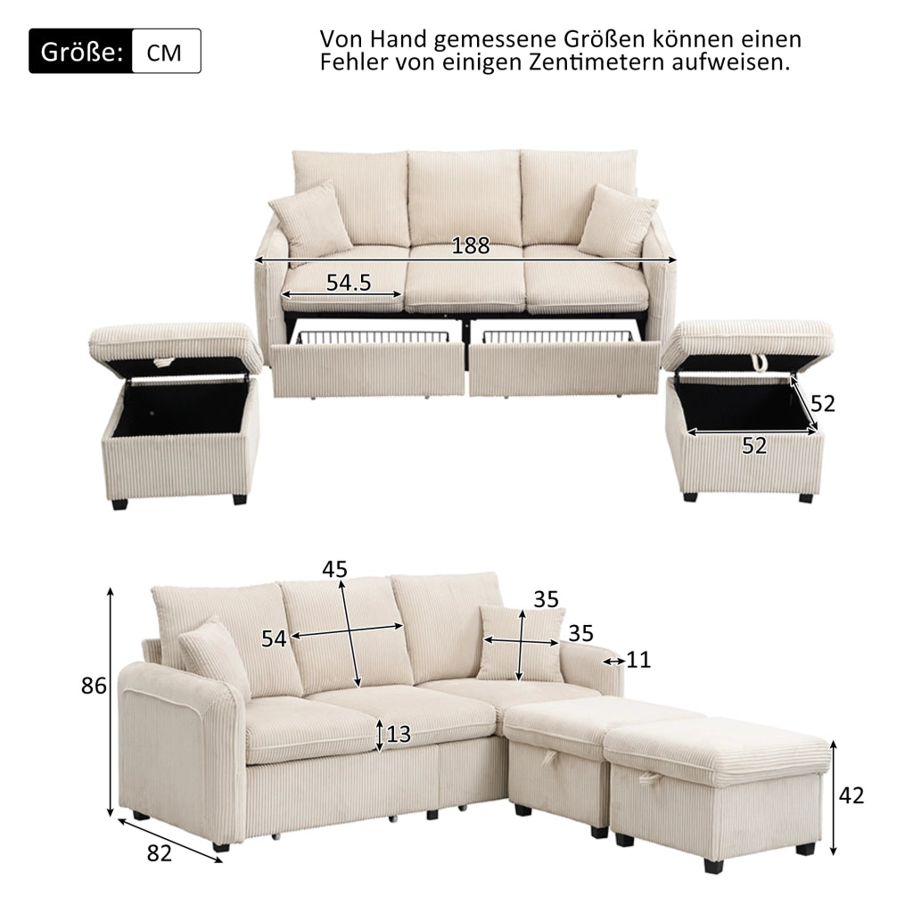 Divano modulare a 3 posti con funzione letto e contenitore con 2 pouf contenitore in tessuto effetto corda beige