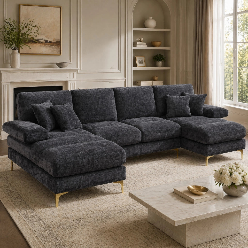 Divano angolare a U con doppia chaise longue 272x136x88 cm in chenille grigio