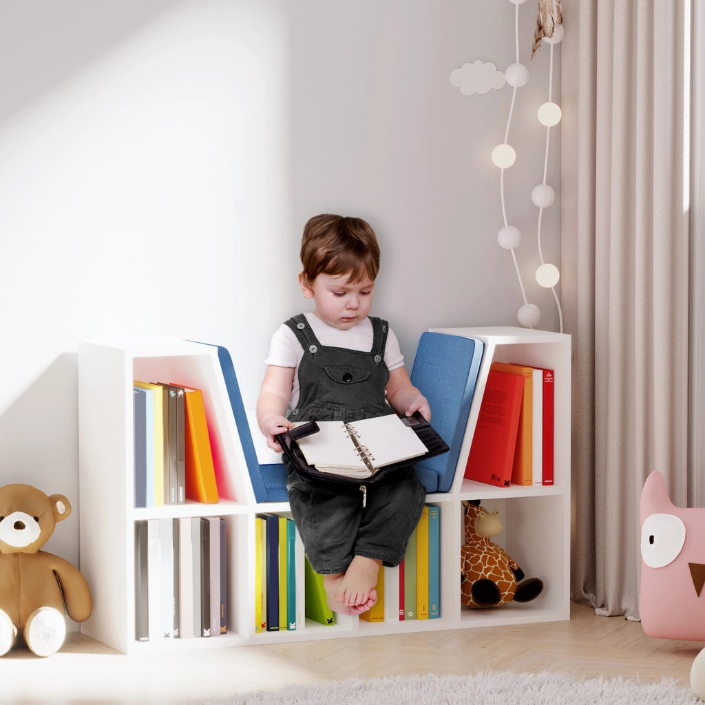 Libreria panca 2 in 1 con cuscini seduta ¨C Xylo ¨C 6 scomparti aperti legno blu 102x30x61cm