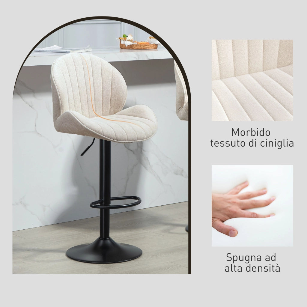 Set 2 Sgabelli da Bar con Schienale a Conchiglia 48x50x94-115 cm in Tessuto Effetto Ciniglia Nero e Beige