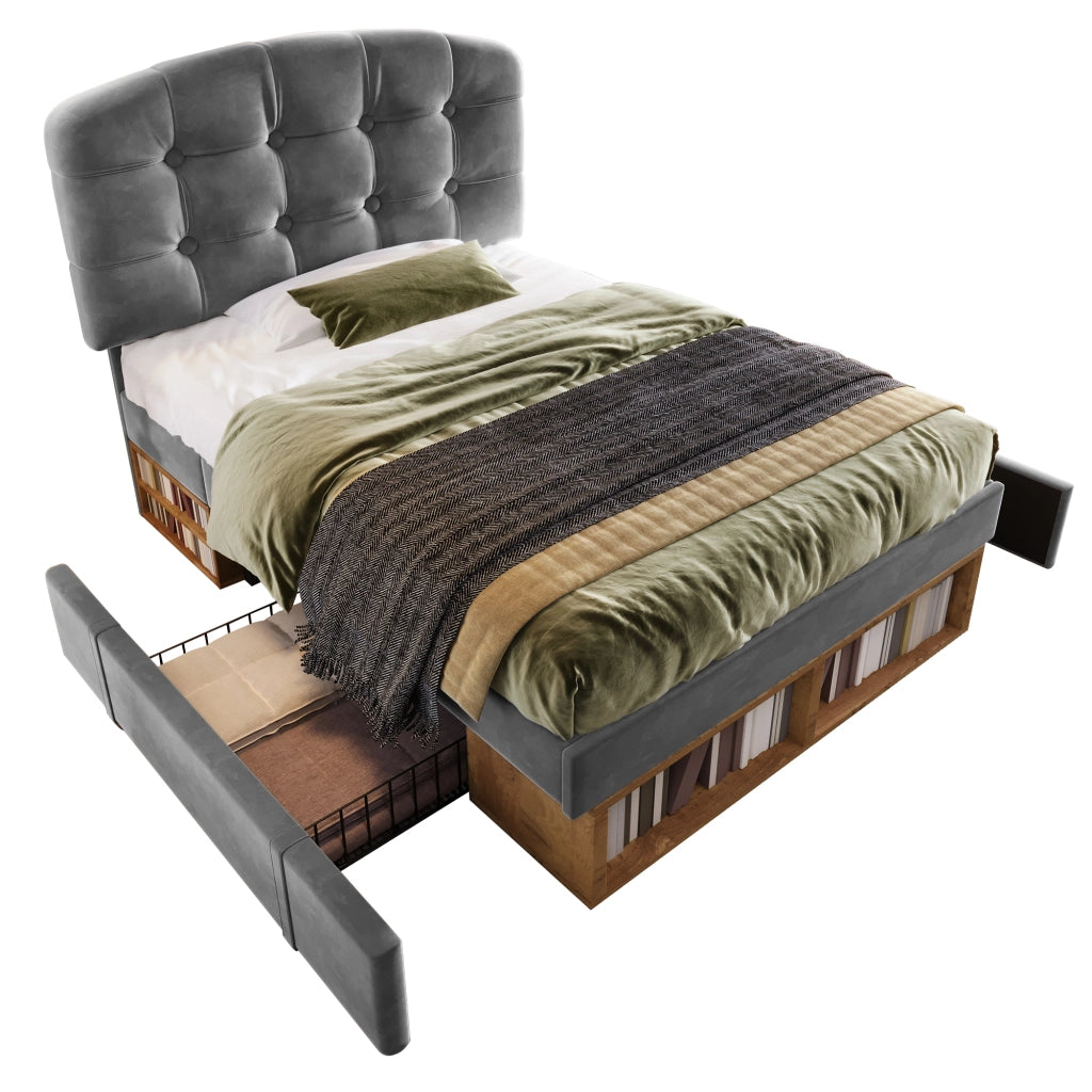 Letto Singolo Imbottito con Cassetti ¨C MINIMAL ¨C Velluto Grigio, 90x200, Testiera Regolabile