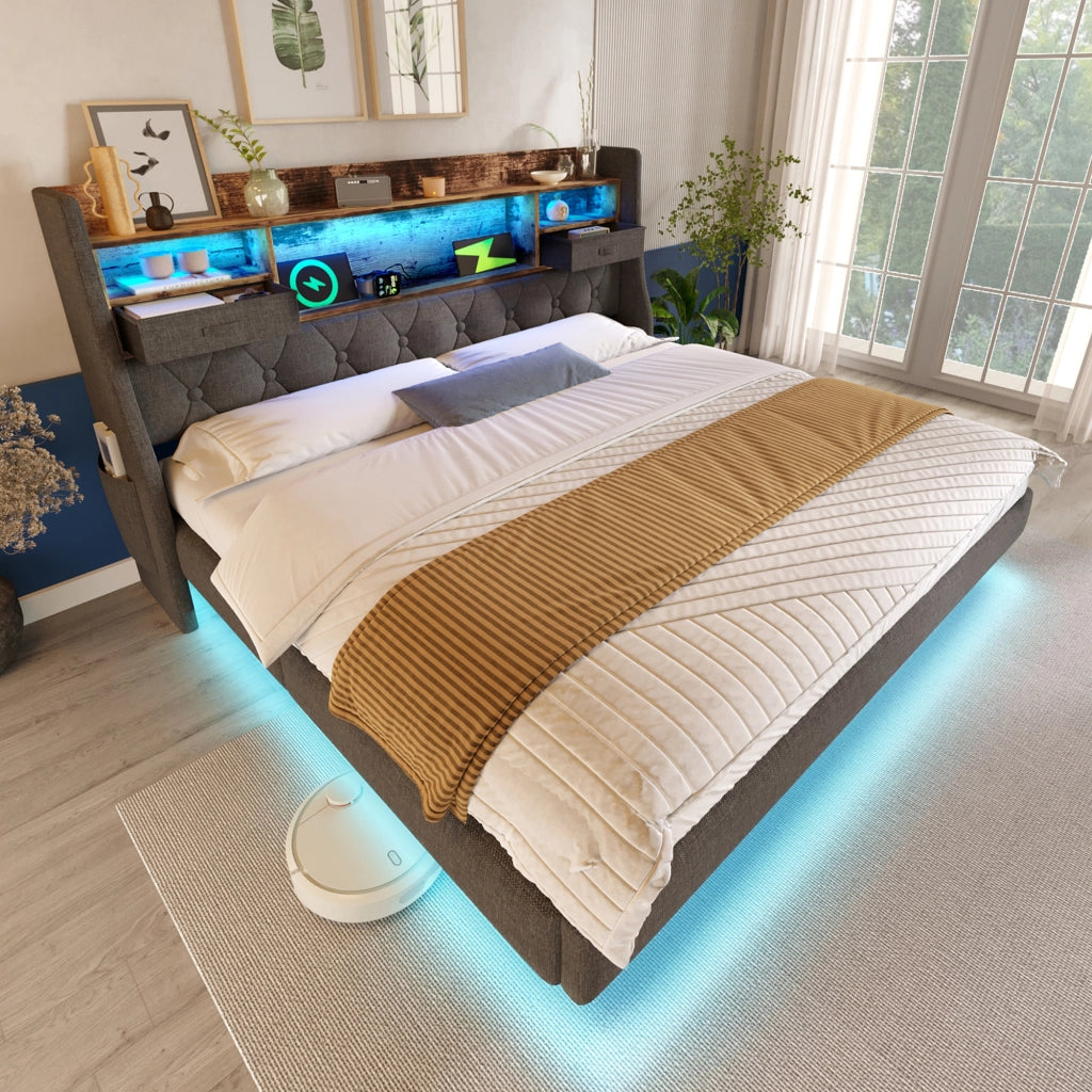 Letto matrimoniale 140x190 cm in lino grigio con LED, testiera portaoggetti e porte USB/Type-C, senza materasso
