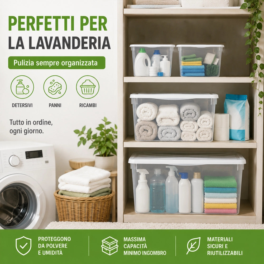 Set 4 Pezzi Spring Box 1L + 1M + 2XS Contenitori Trasparenti e Coperchio Bianco