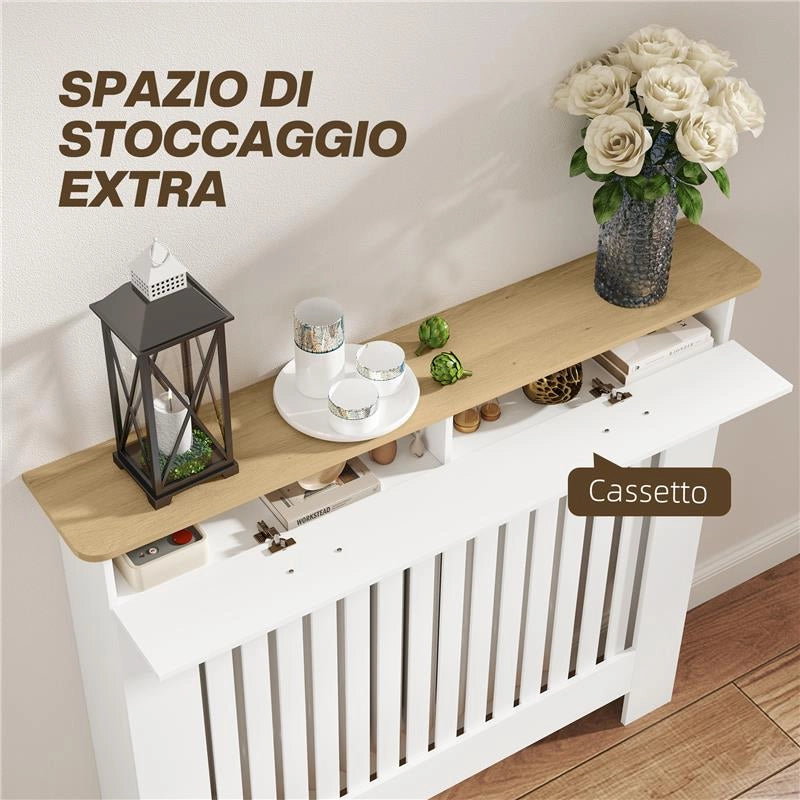 COPRITERMOSIFONE A DOGHE ANTIRIBALTAMENTO CON CASSETTO PORTAOGGETTI IN LEGNO 112X19X97 CM BIANCO