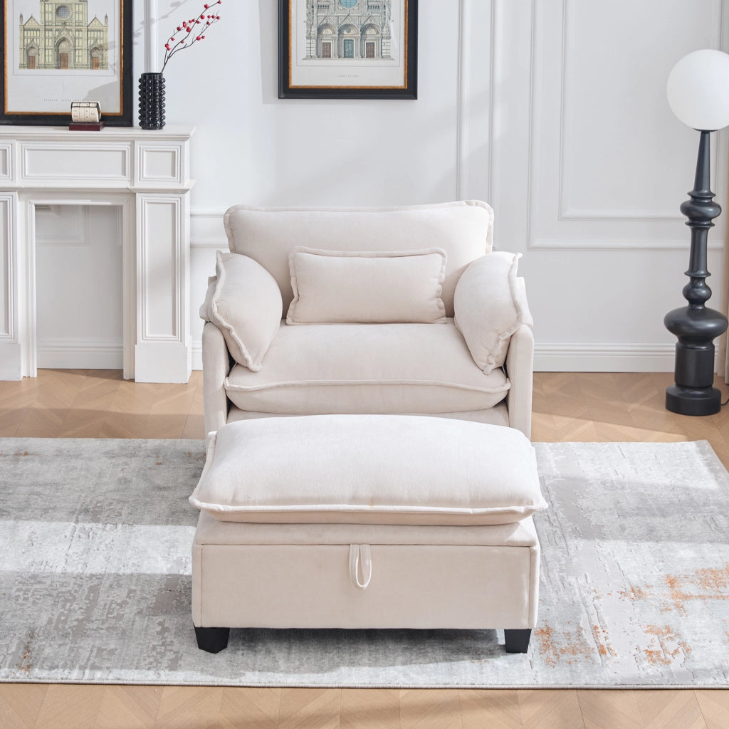 Poltrona con Pouf Ampia con Vano Contenitore, Tasca Laterale e Cuscino, in Ciniglia Beige