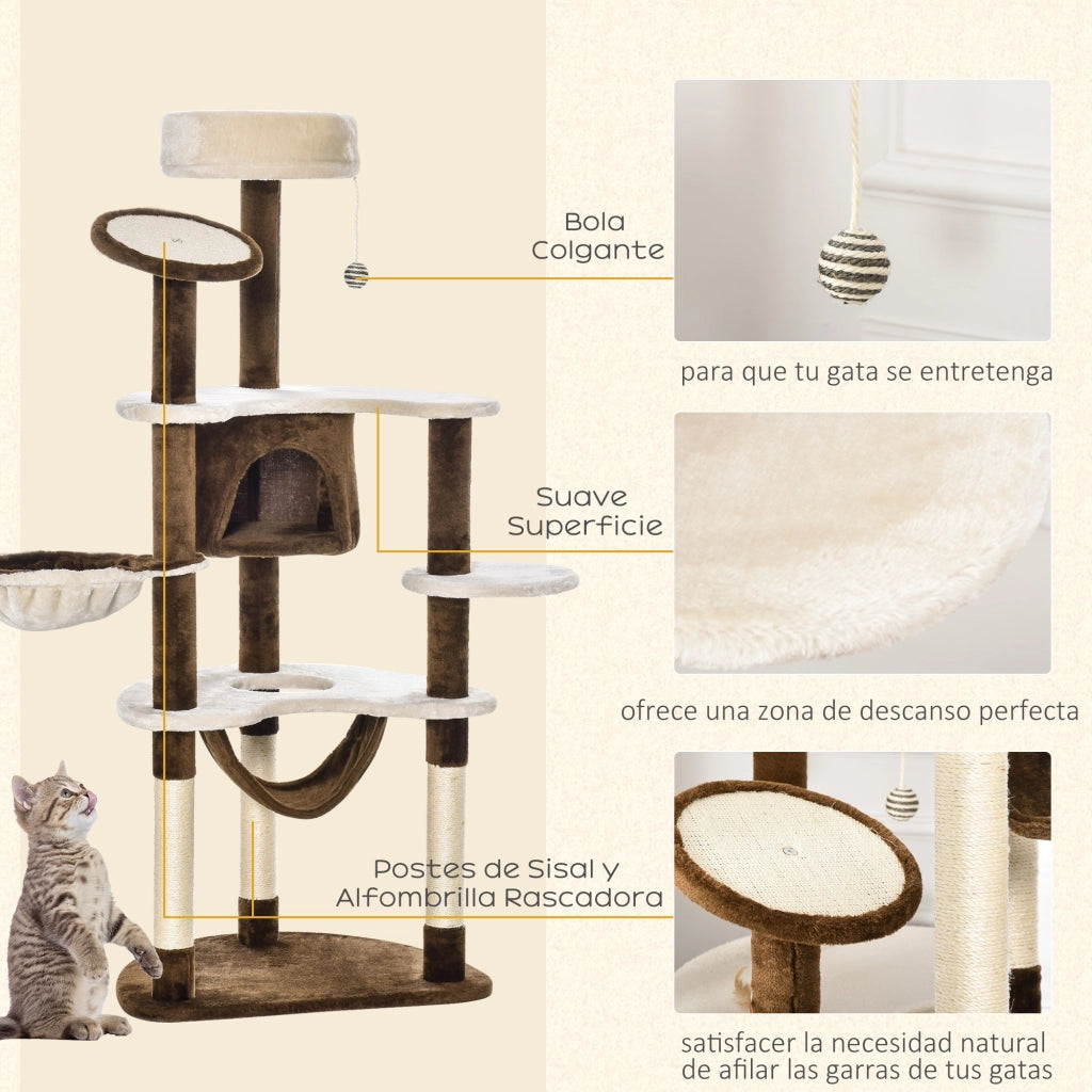 Torre per Gatti Grande con Piattaforme, Amaca e Cuscini ¨C Minimal ¨C Marrone 65x50x153 cm