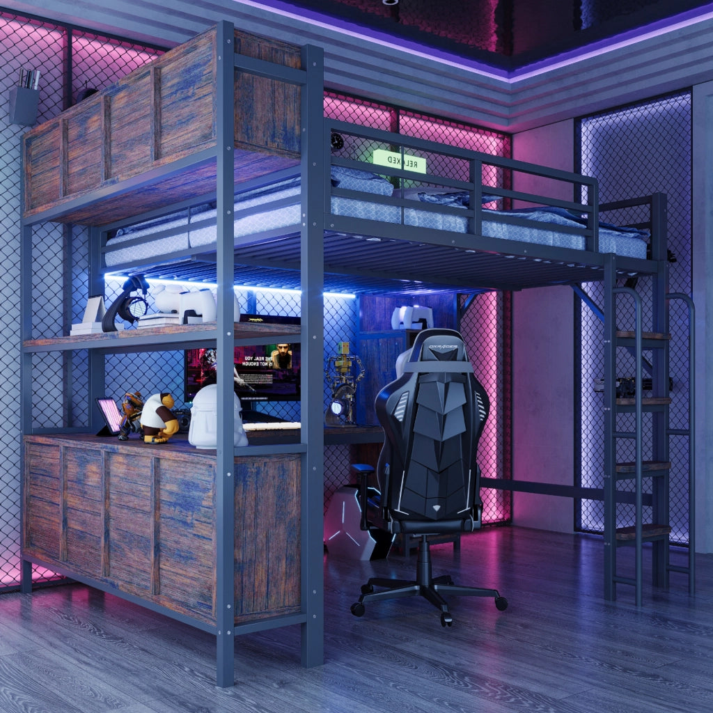 DESMIU Letto a soppalco 140 × 200 cm con scrivania, armadio, ripiani, LED e prese, senza materasso, metallo nero