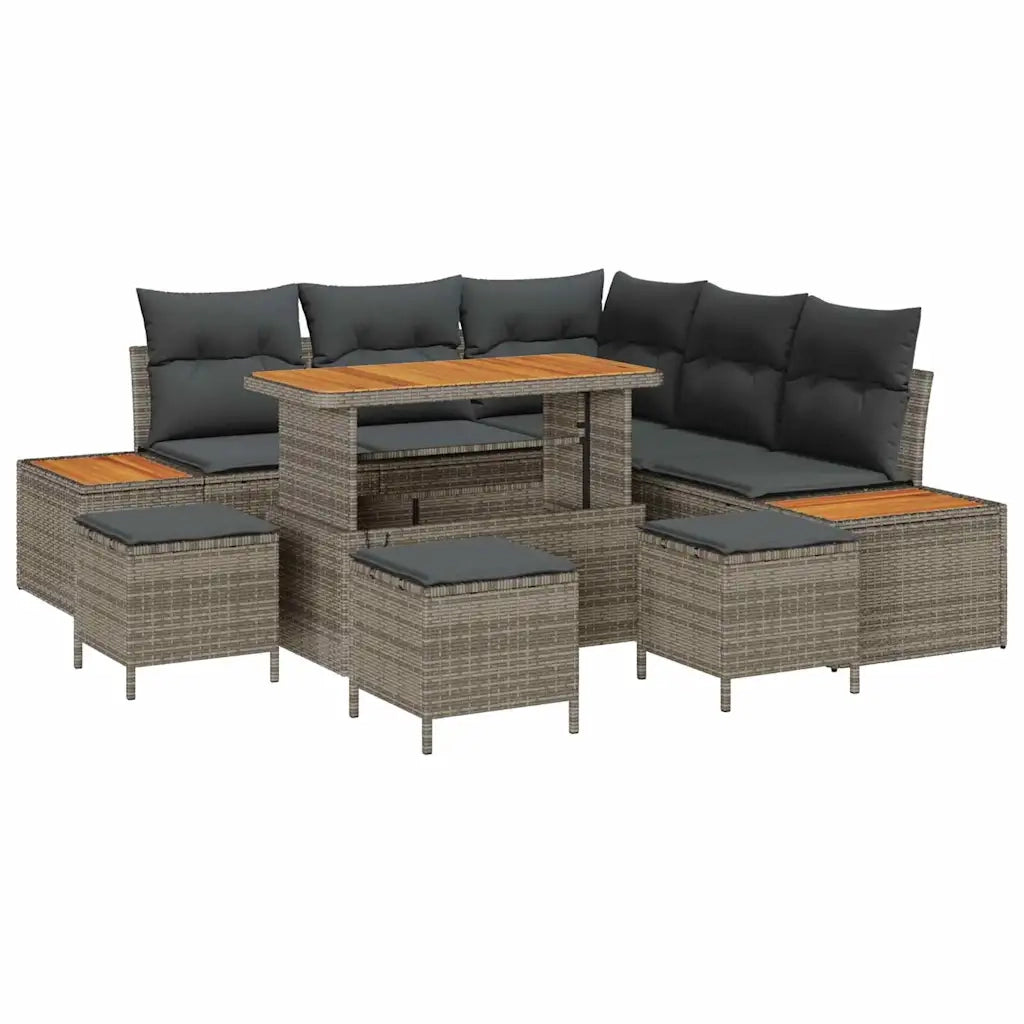 Set Divano da Giardino con cuscino 9 pcs Grigio Poly Rattan